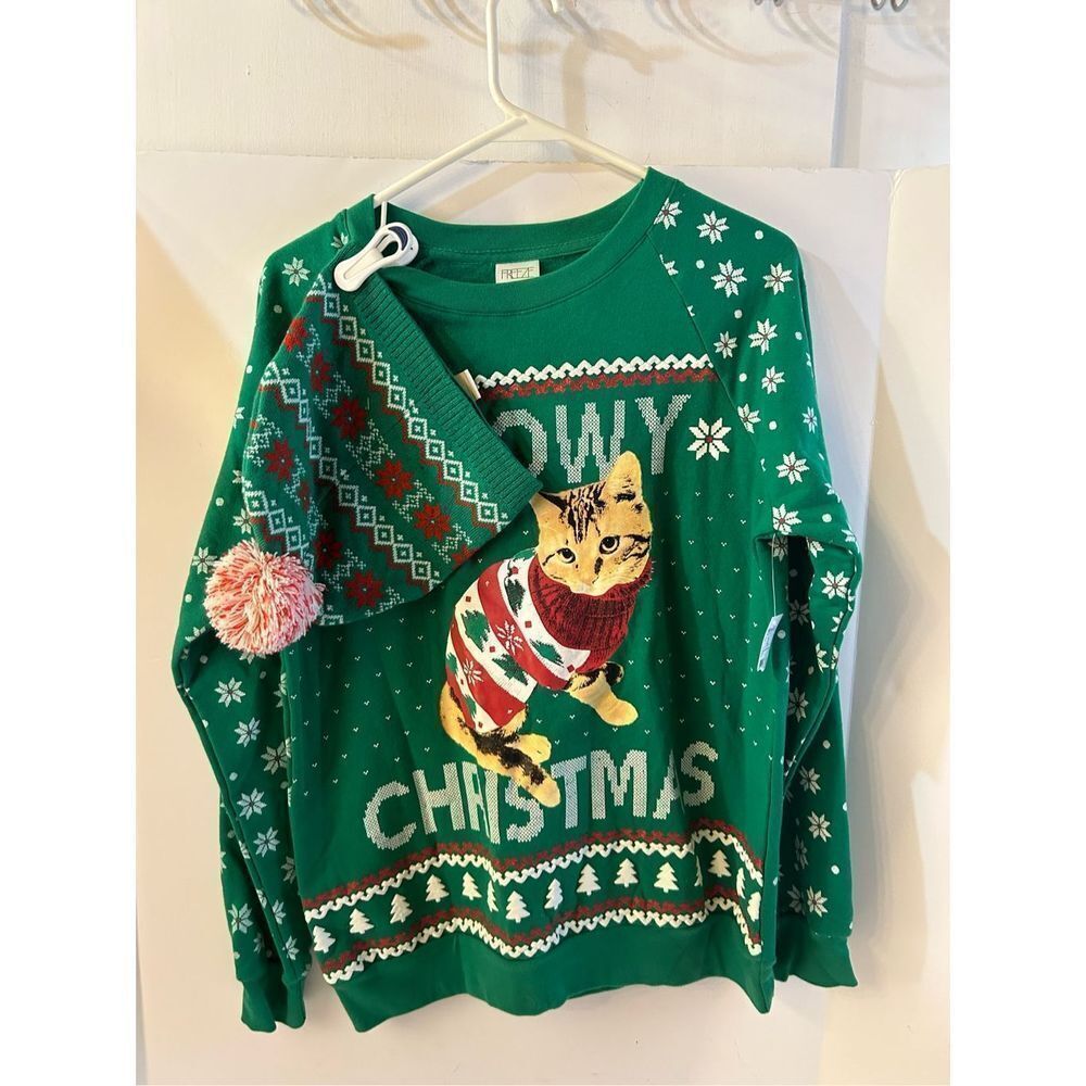 Freeze Cat‎ sweatshirt & matching hat Medium M 7/9 green new "Meowy Christmas"
